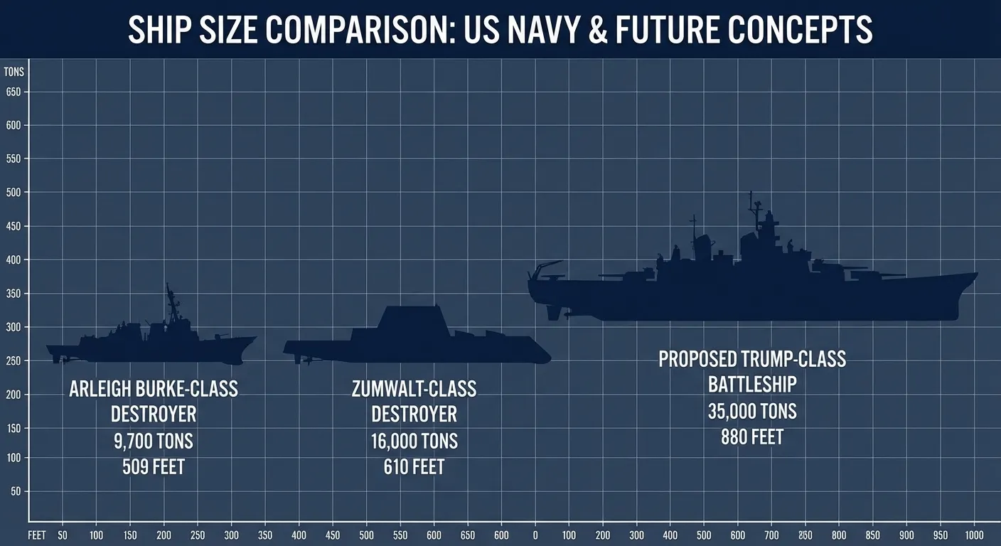 Size comparison infographic showing Trump-class battleship versus current Navy destroyers
