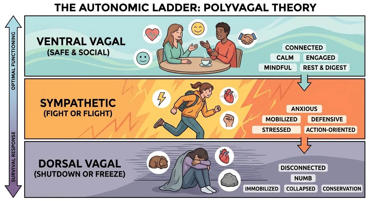 Diagram showing the three autonomic states: ventral vagal calm, sympathetic activation, and dorsal vagal shutdown
