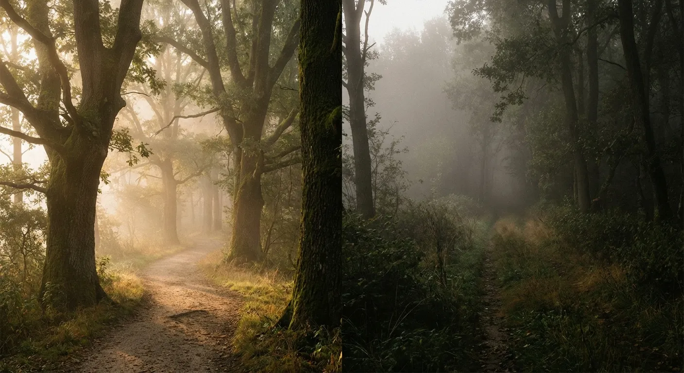 Two paths diverging in a misty forest, one clear and one obscured