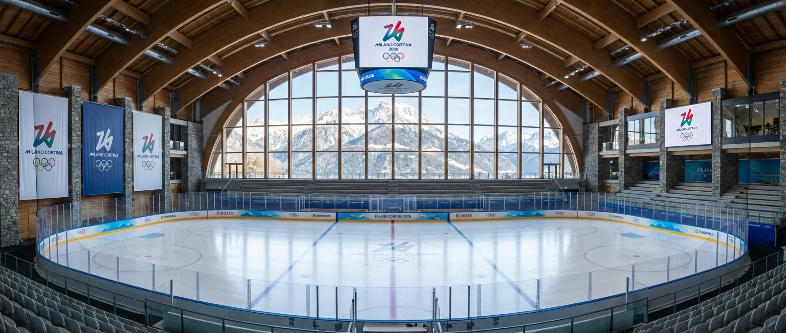 Hockey arena in Italian Alps setting with Olympic branding