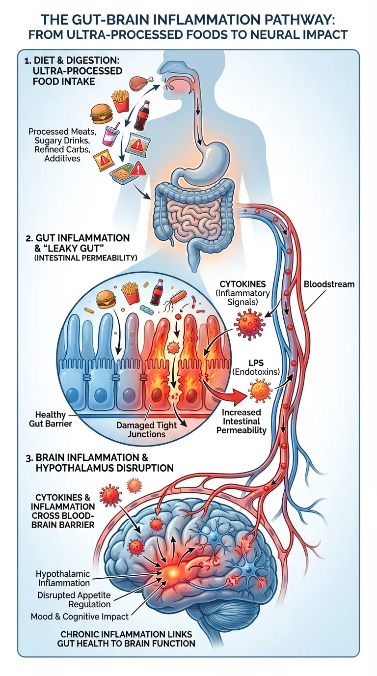 Illustration showing gut-brain axis inflammation pathway from ultra-processed foods to brain