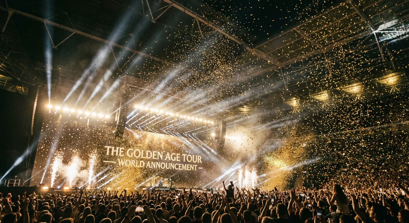 Stadium concert scene with confetti and celebration atmosphere