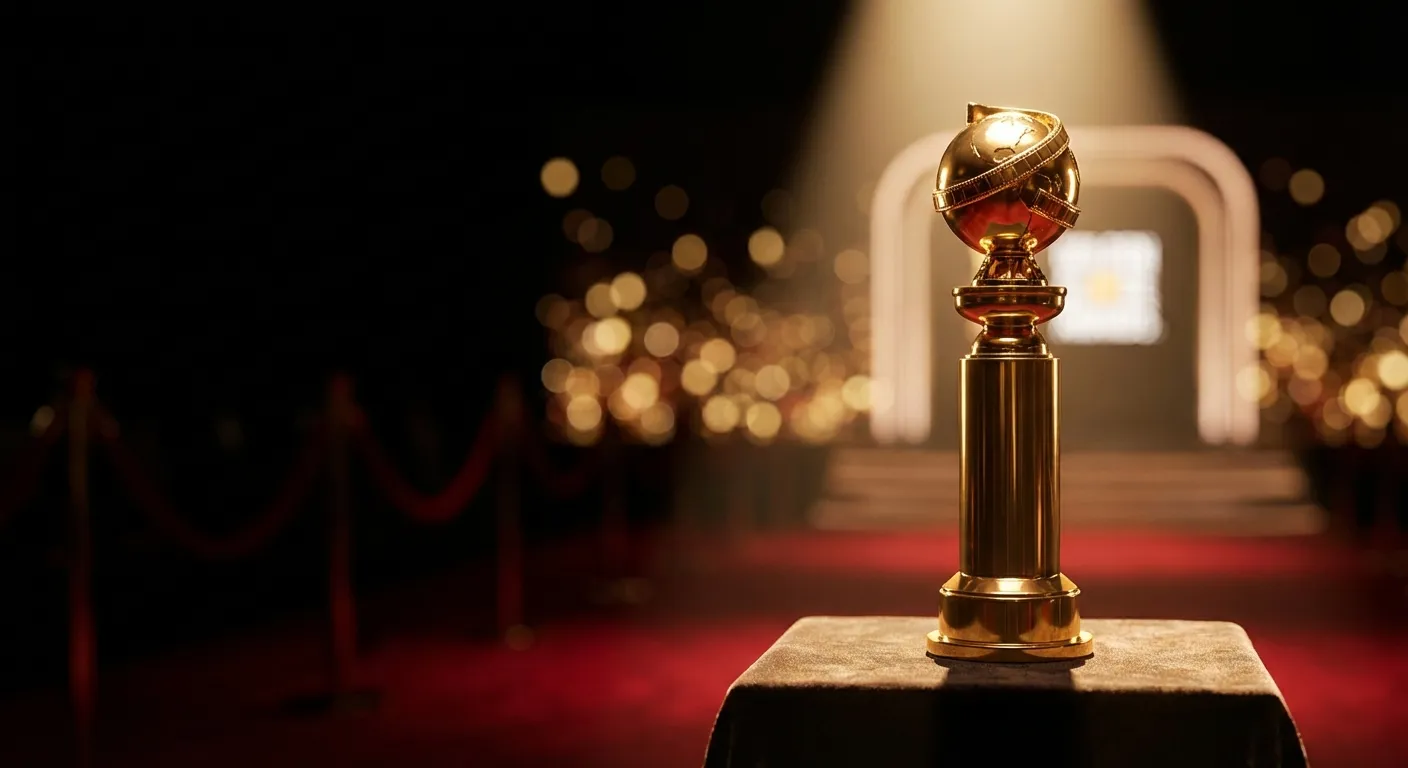 Golden Globe award statue with red carpet and celebrity glamour atmosphere