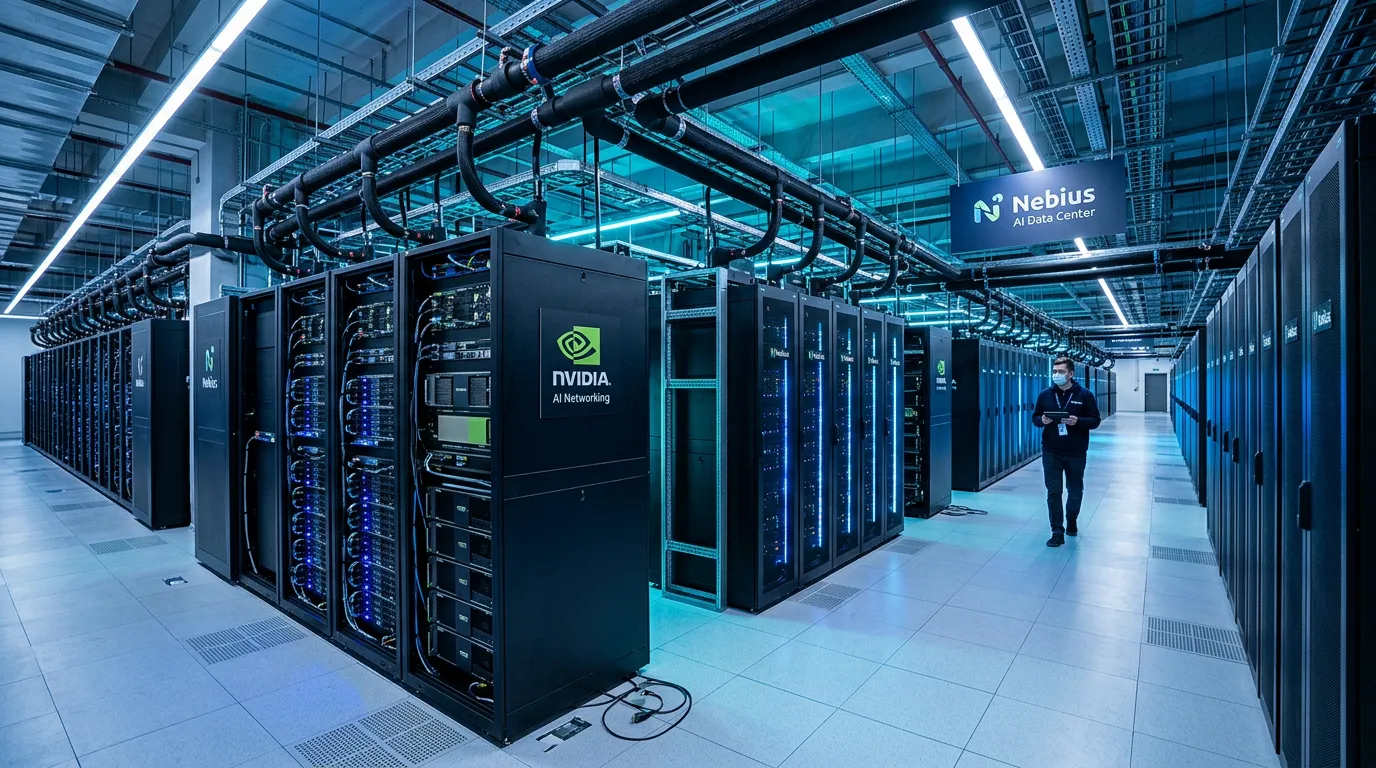 A modern AI data center facility with rows of GPU servers and cooling systems