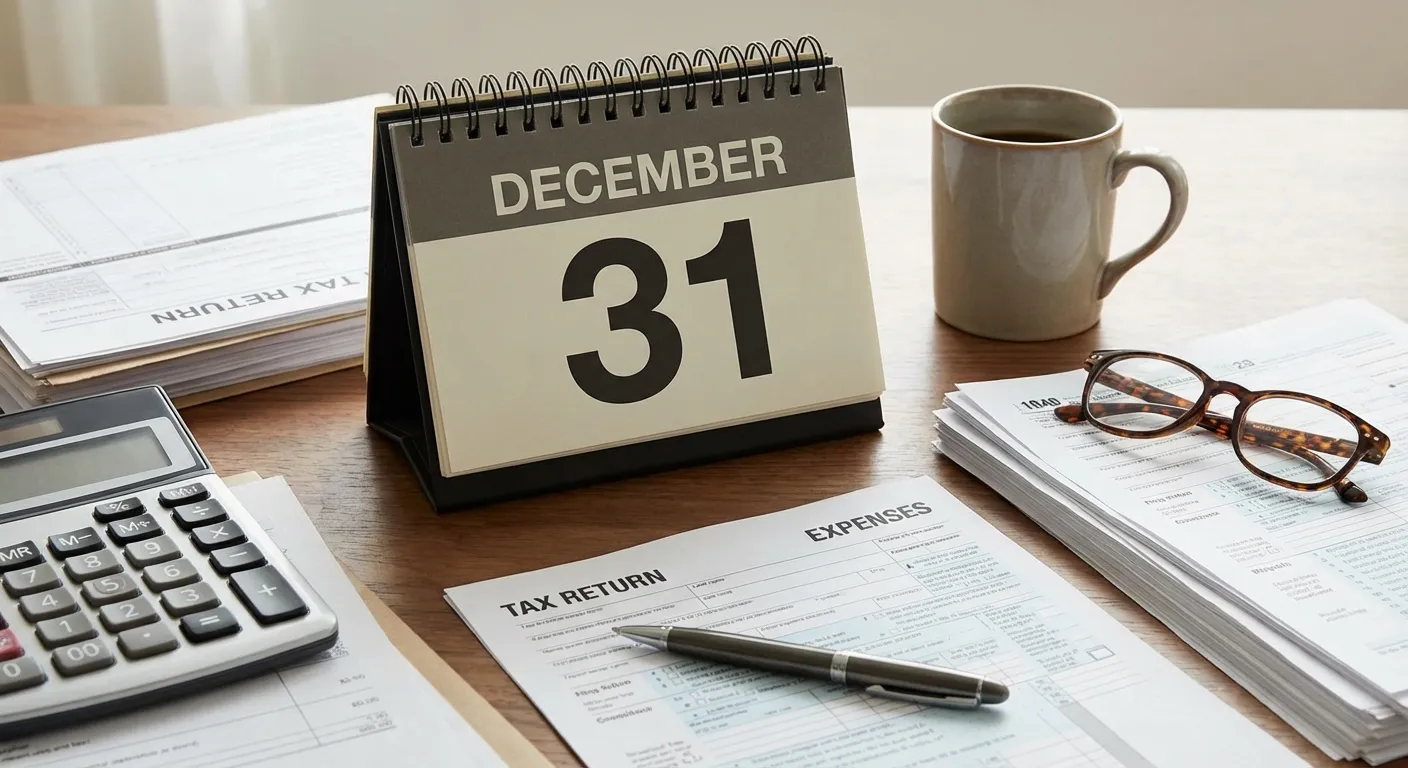 Calendar showing December 31 with tax documents and calculator
