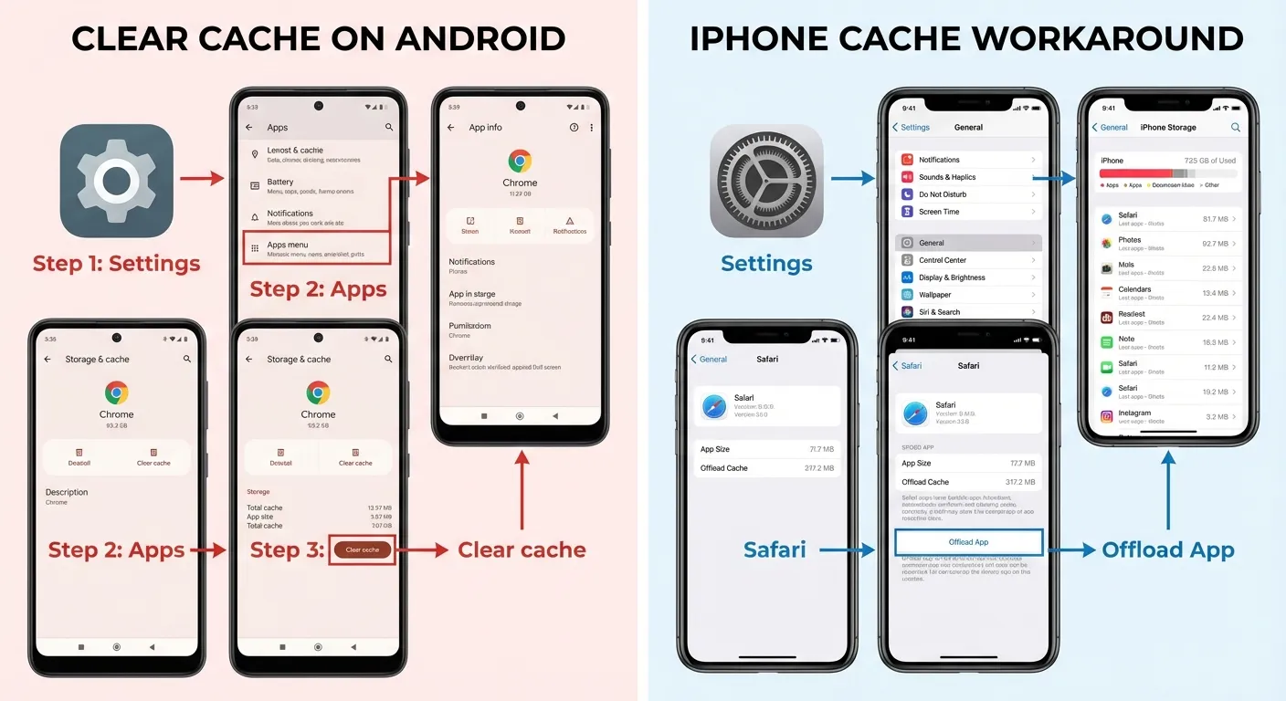 Screenshots showing how to clear app cache on phone