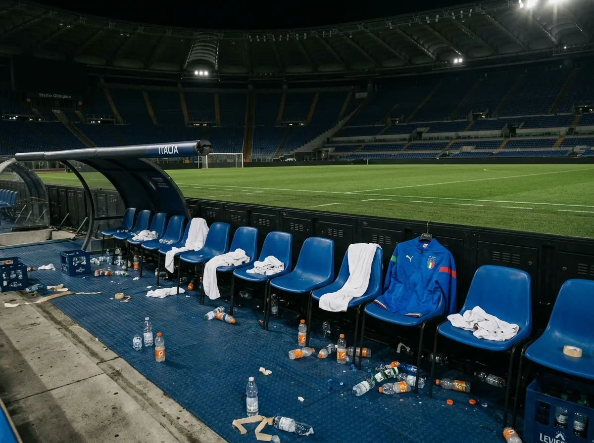 Empty Italian team bench area with abandoned water bottles and towels after the match