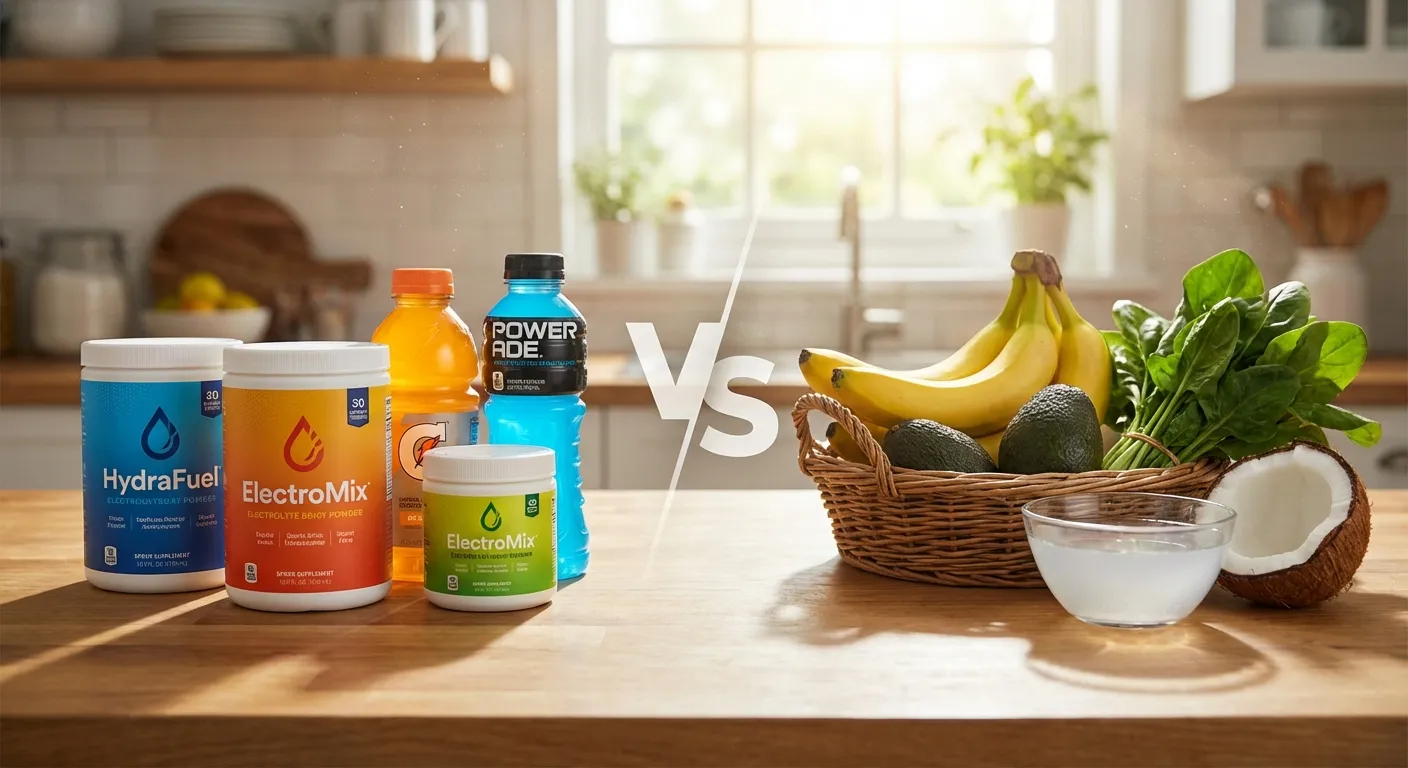 Various electrolyte powder supplements and sports drinks arranged on a kitchen counter with fresh fruits and vegetables nearby