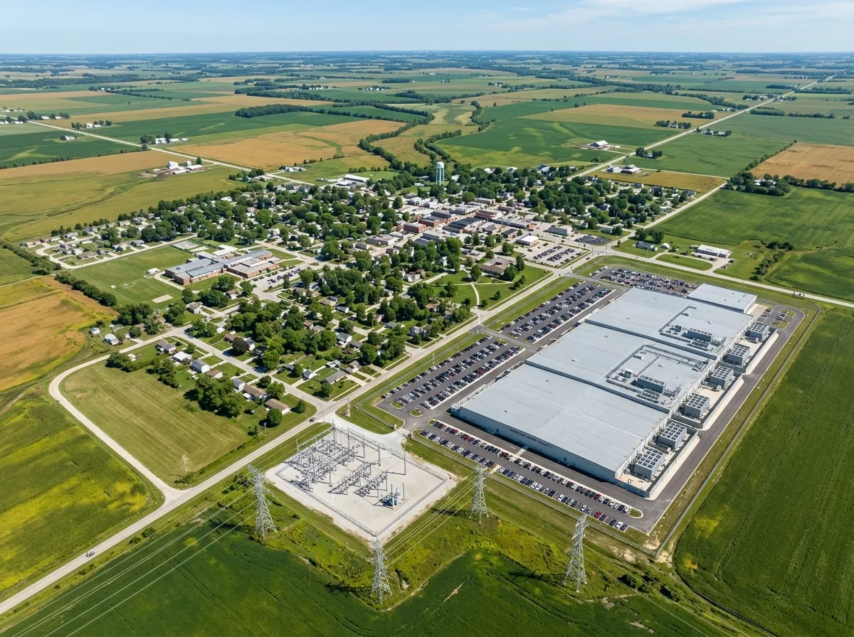 Aerial view of a rural American town with a large data center facility visible on the outskirts