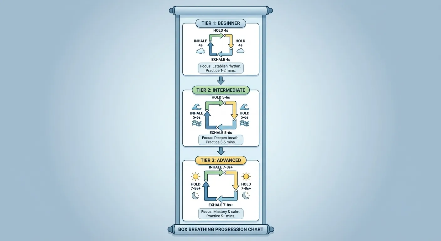 Progression chart showing how to advance from 4-4-4-4 box breathing to longer protocols