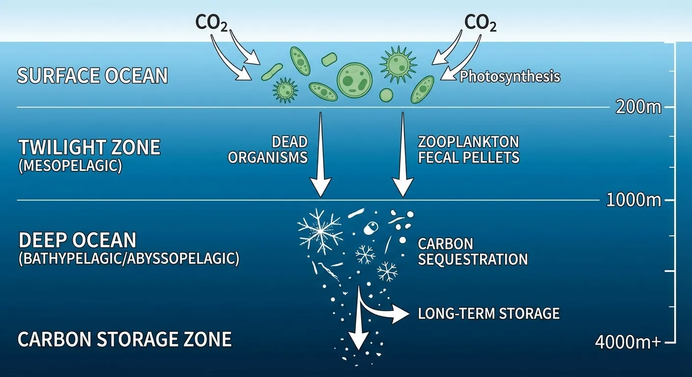 Diagram showing biological carbon pump with phytoplankton sinking to deep ocean