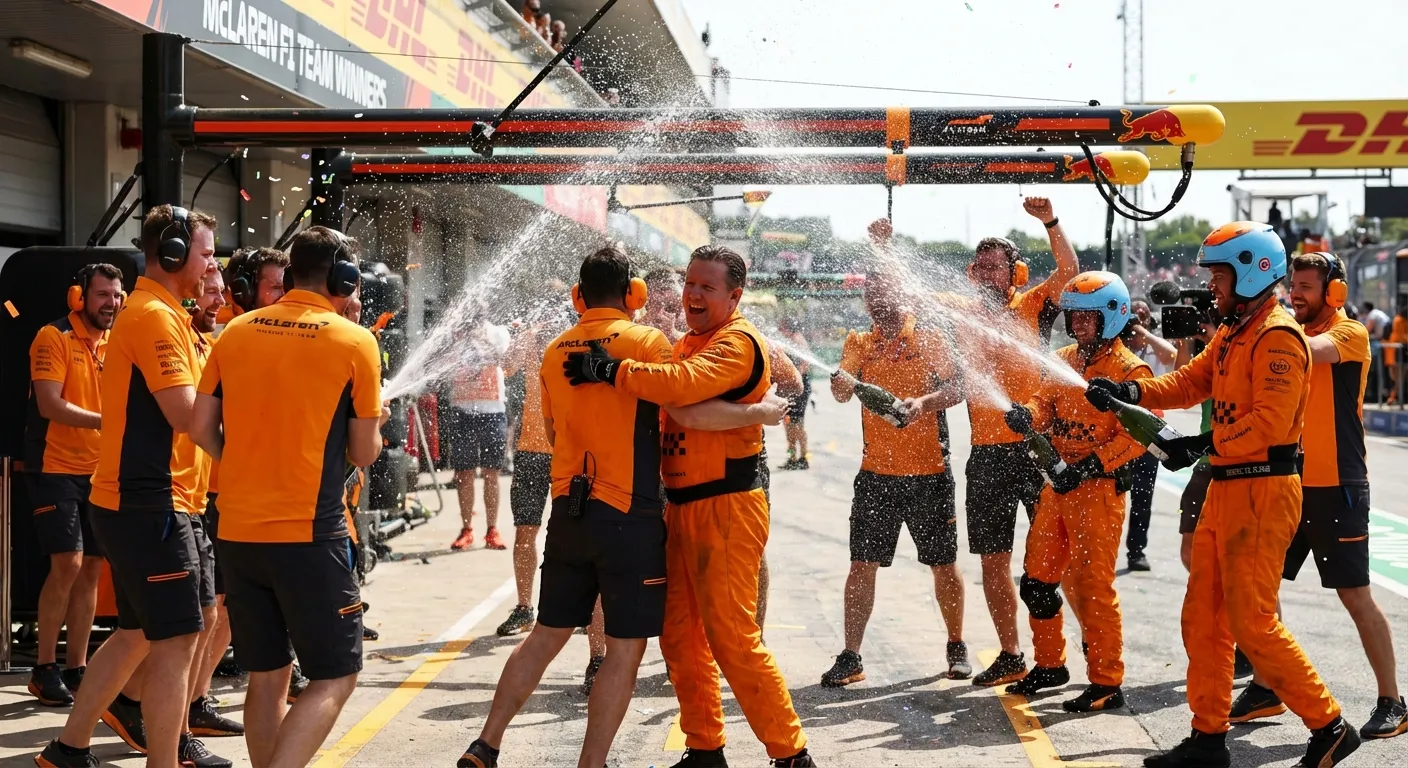 McLaren team celebrating in pit lane after championship victory
