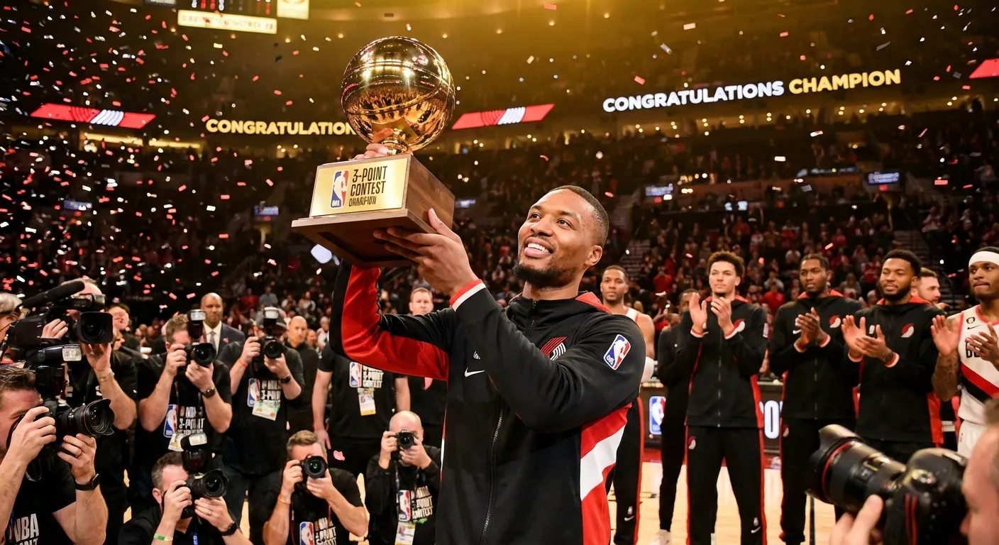 Basketball player holding a trophy surrounded by confetti at an awards ceremony