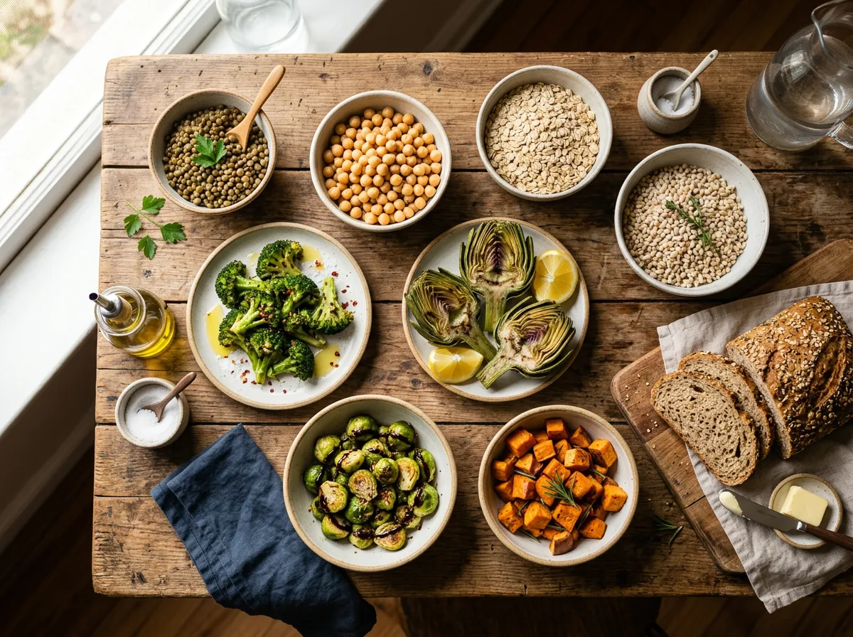 Colorful array of high fiber foods including legumes grains and vegetables