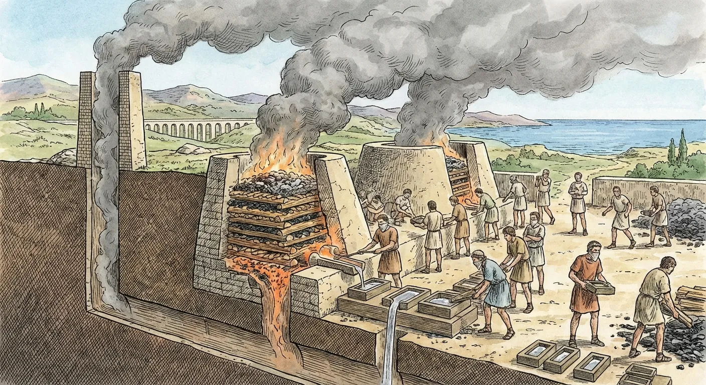 Cross-section illustration of Roman lead smelting operation with workers and smoke plumes