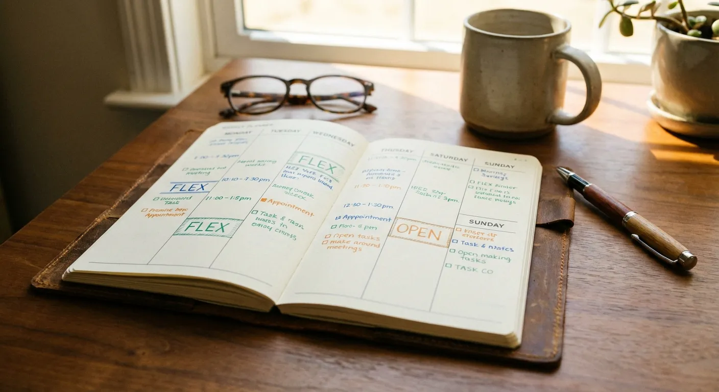 Weekly planner open on desk showing structured time blocks for each day