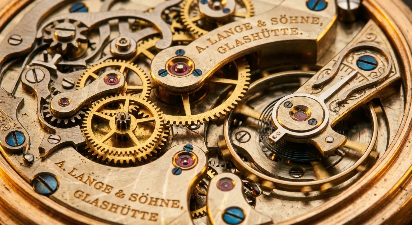 Precision clock mechanism with visible gears and pendulum in brass and steel