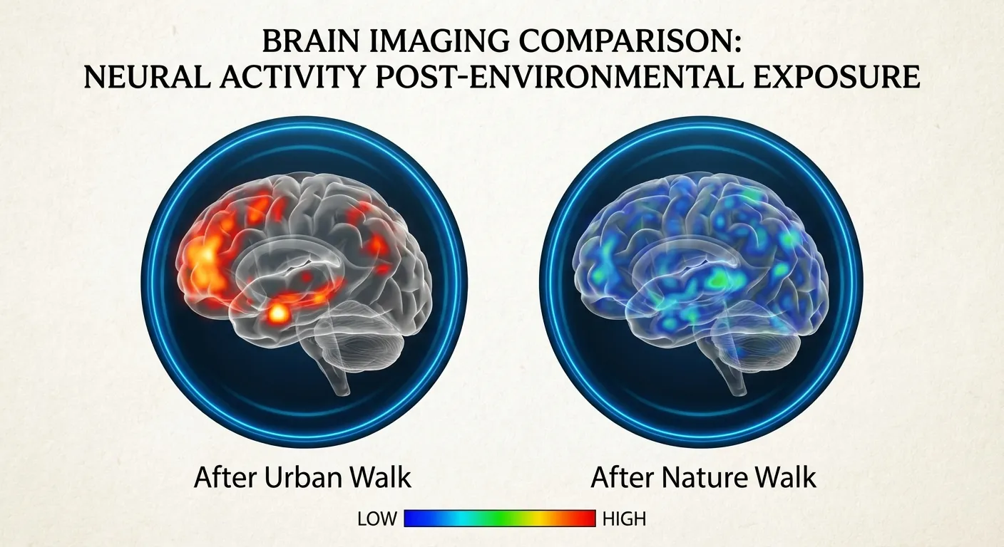 Brain activity comparison showing rumination decrease during nature exposure