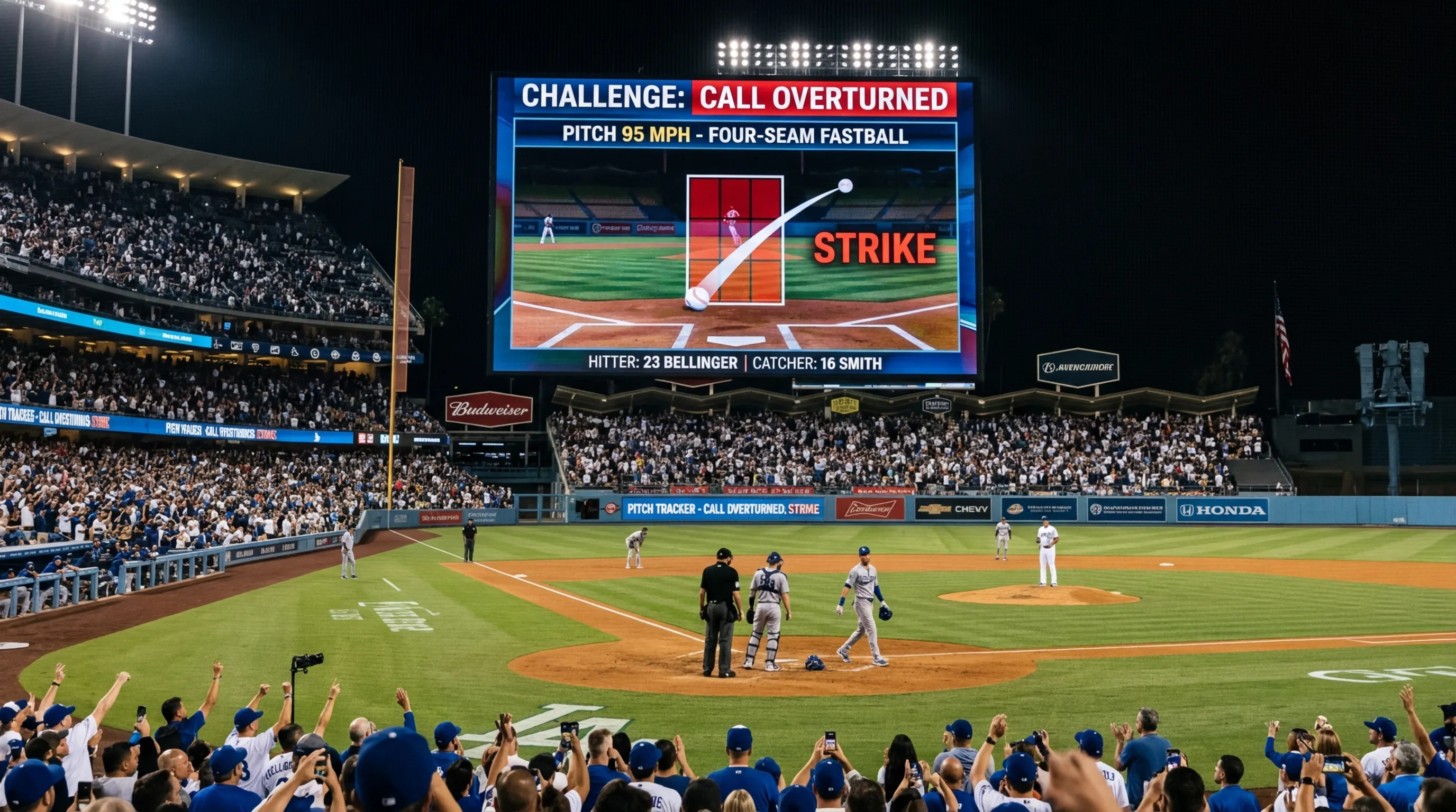 A baseball stadium videoboard displaying an automated ball-strike challenge graphic during a game