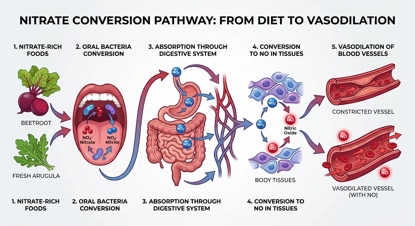 Infographic showing the nitrate to nitric oxide conversion pathway in the body