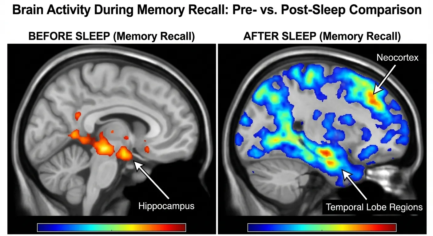 Brain imaging comparison showing memory recall locations before and after sleep