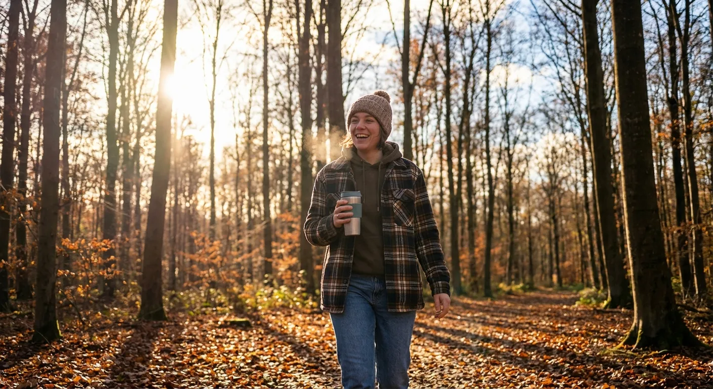 Person taking a brief outdoor walk during afternoon with trees and natural light visible