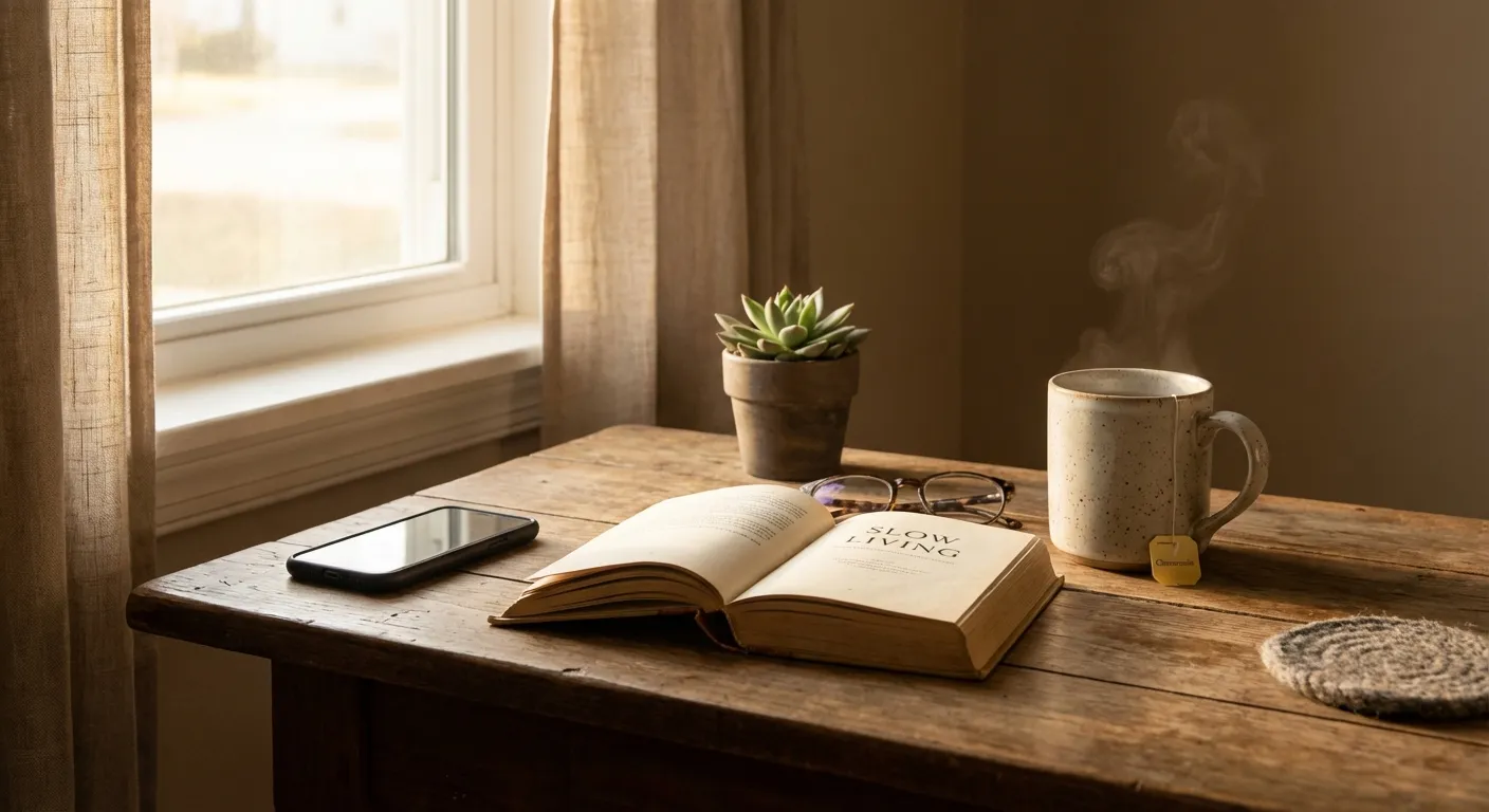A smartphone placed face down on a wooden table next to an open book and steaming cup of herbal tea in morning light