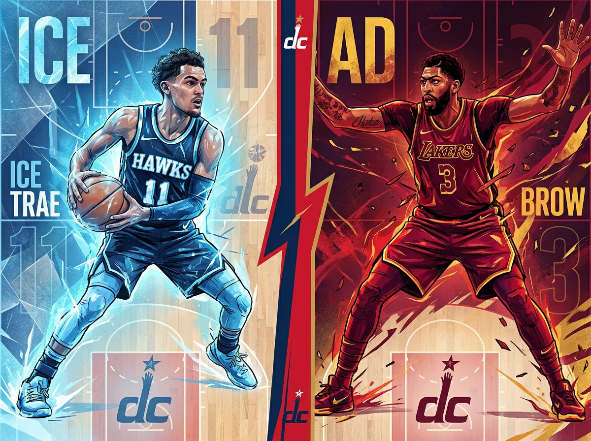 Trae Young and Anthony Davis portraits split by Washington Wizards red and blue colors