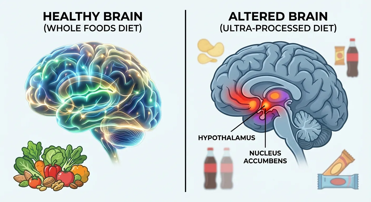 Conceptual split image showing healthy brain versus brain affected by ultra-processed food consumption