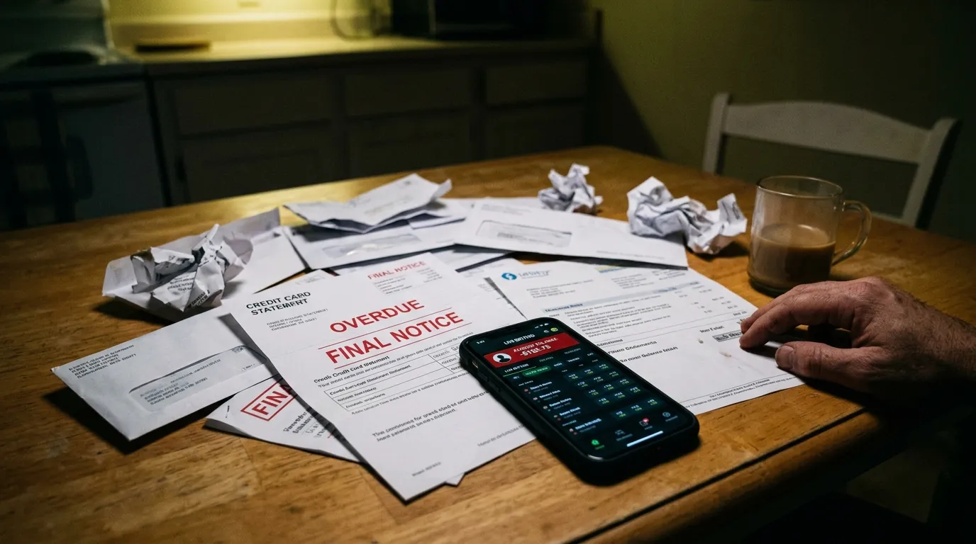 Crumpled credit card bills and a sports betting app on a phone screen