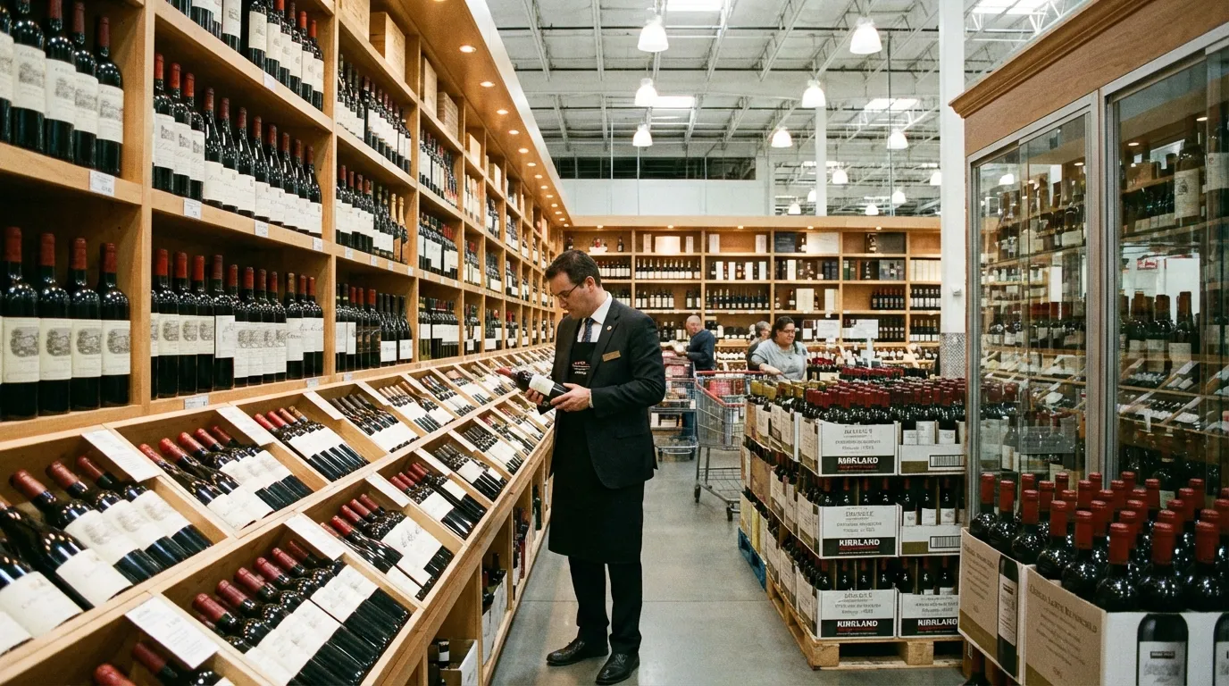 Wine expert examining premium bottles in Costco wine section