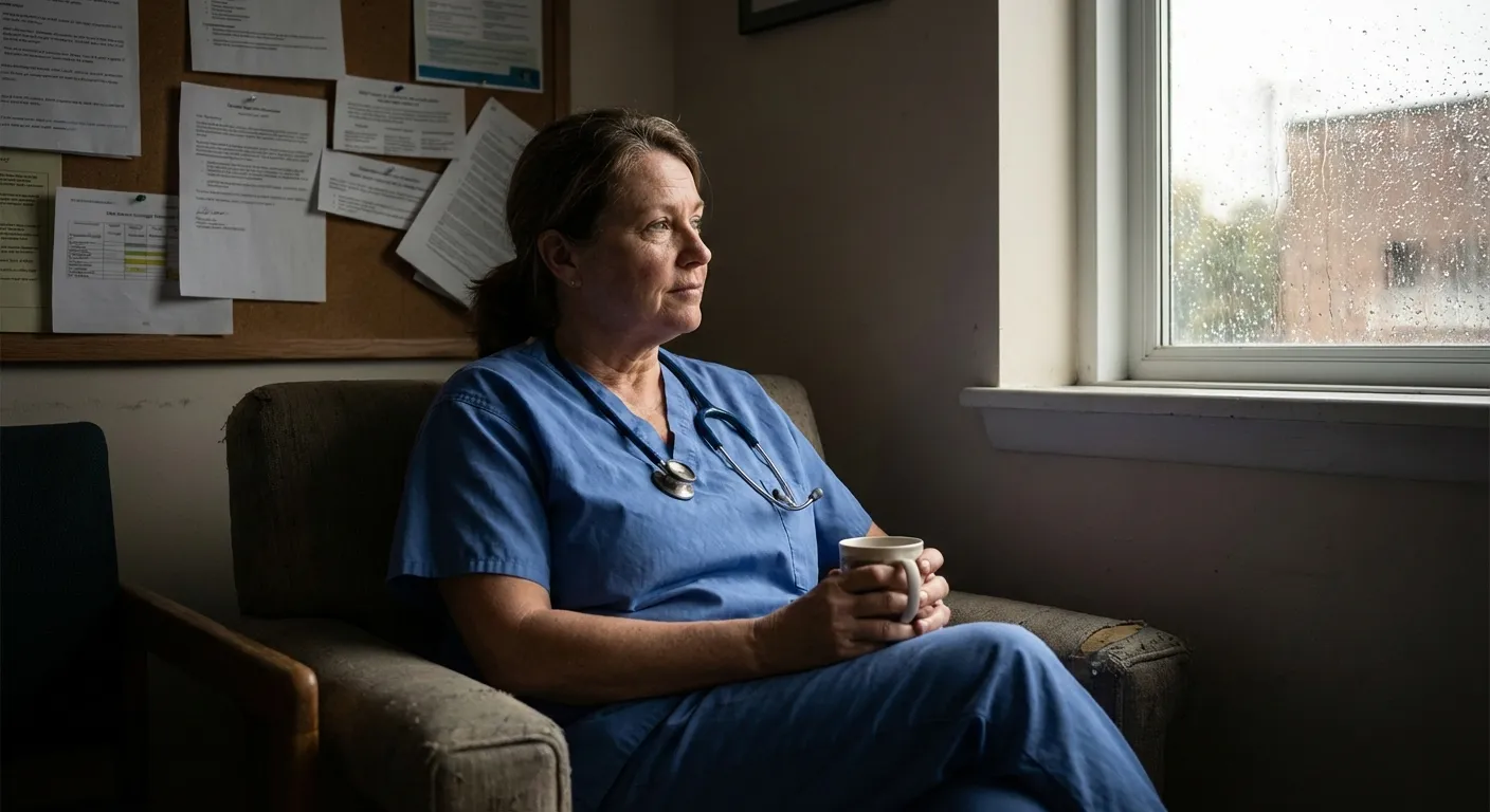 Healthcare worker in contemplative moment finding meaning despite exhaustion