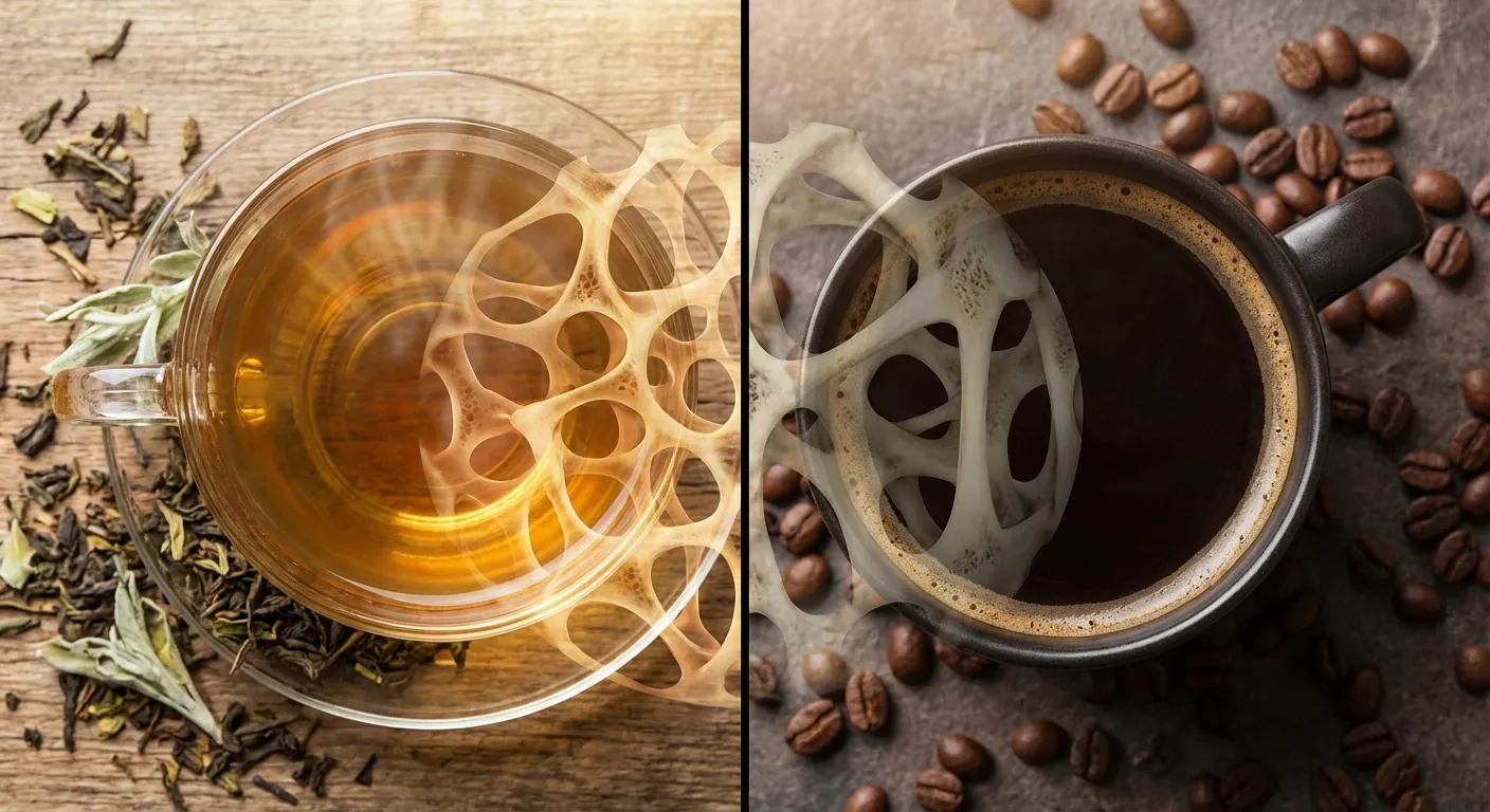 Elegant split composition showing tea and coffee with bone health visualization