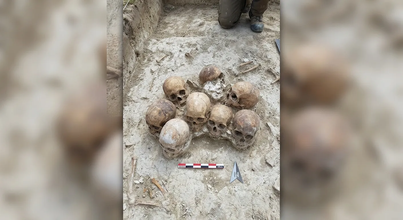 Close-up archaeological photograph of grouped skulls in excavated pit with measurement scale
