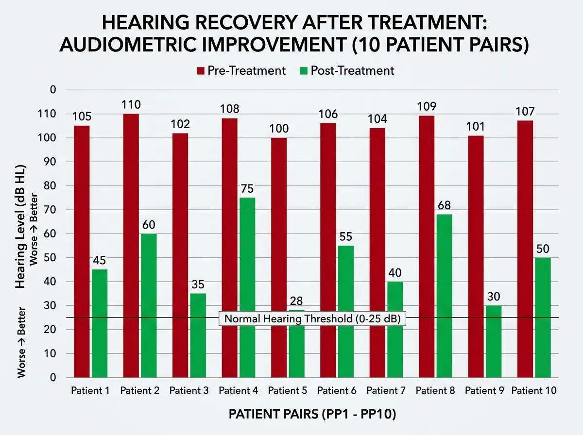Bar chart showing hearing threshold improvements across all ten patients before and after gene therapy