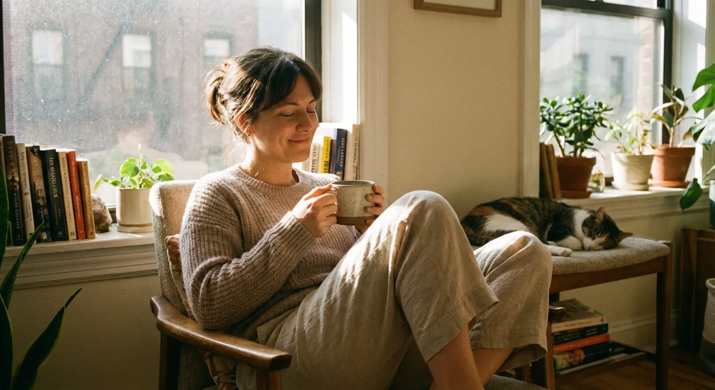 Person enjoying a peaceful morning coffee by a sunny window in their apartment