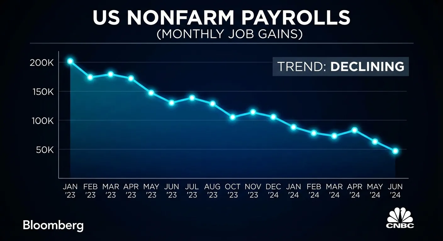 Employment chart showing monthly job gains trending downward