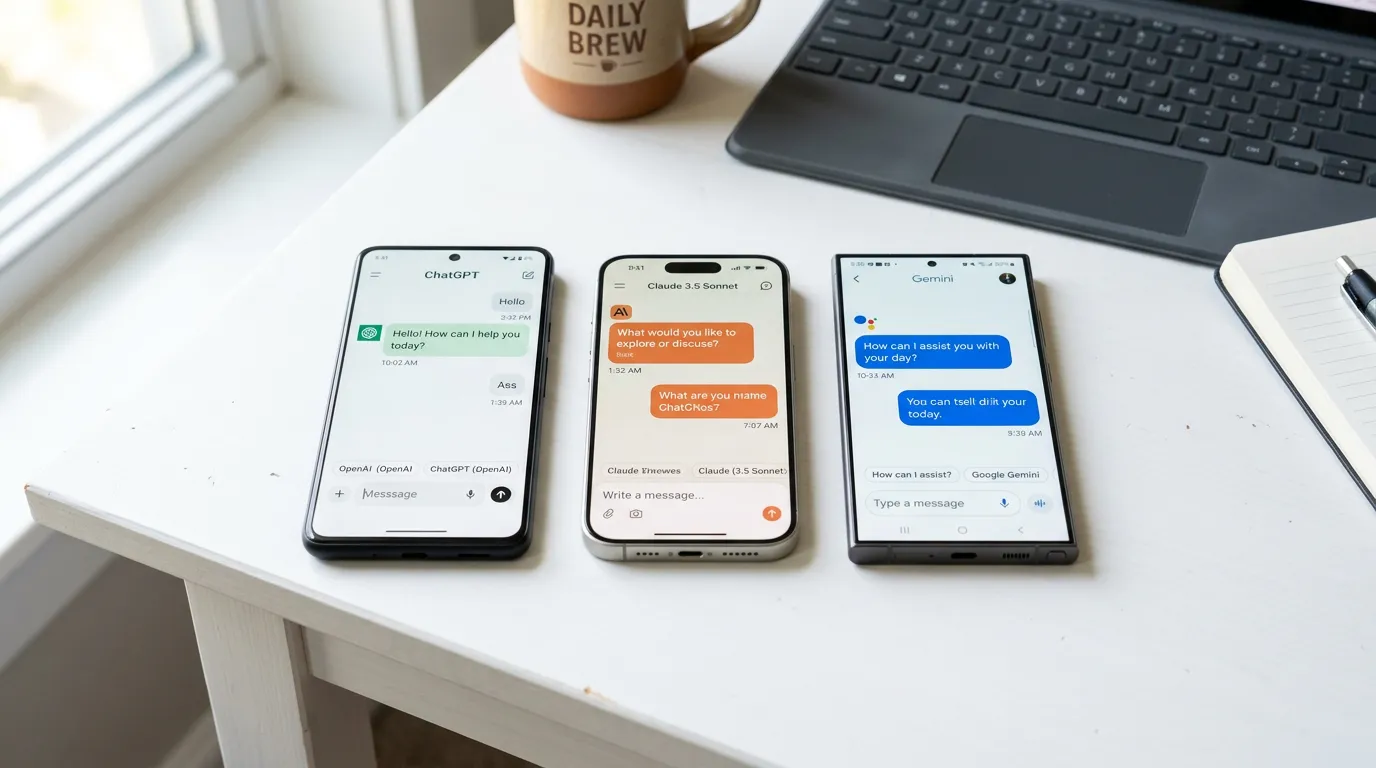 Three smartphone screens showing different AI chatbot interfaces side by side