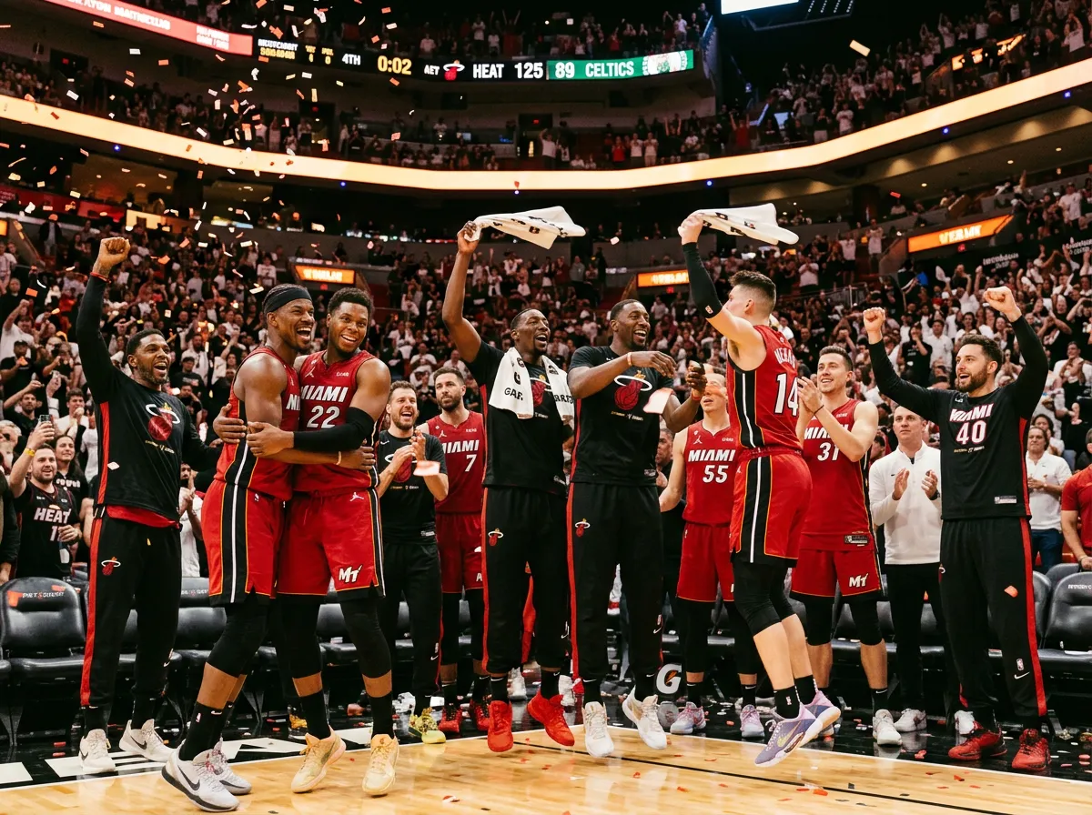 Miami Heat bench celebrating during Adebayo's record-breaking performance