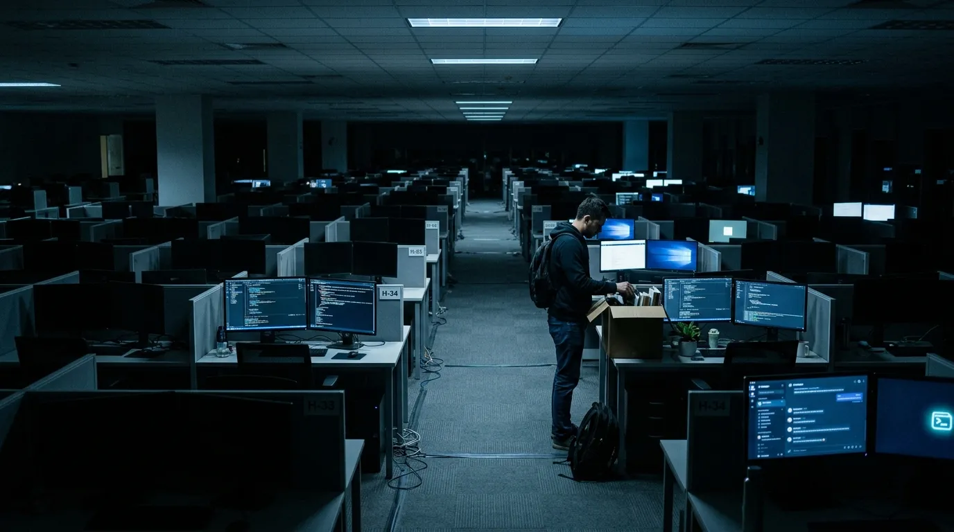 Empty office cubicles with computer screens displaying AI chatbot interfaces and a lone worker packing a box