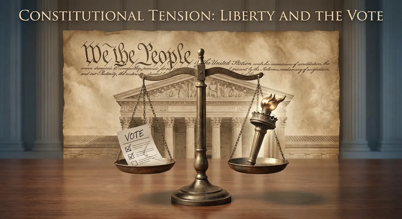 Constitutional document with scales of justice balancing ballot and freedom symbols