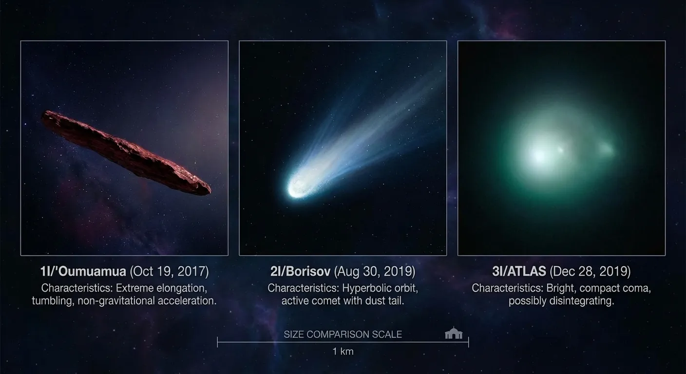 Artist's impression comparing the three known interstellar objects