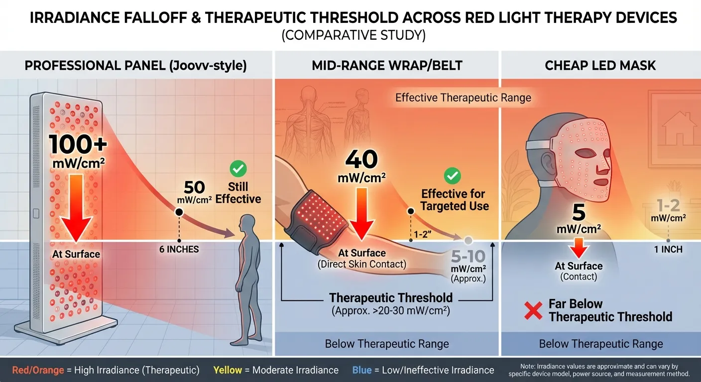 Comparison chart showing irradiance levels of different device types and their effective treatment distances