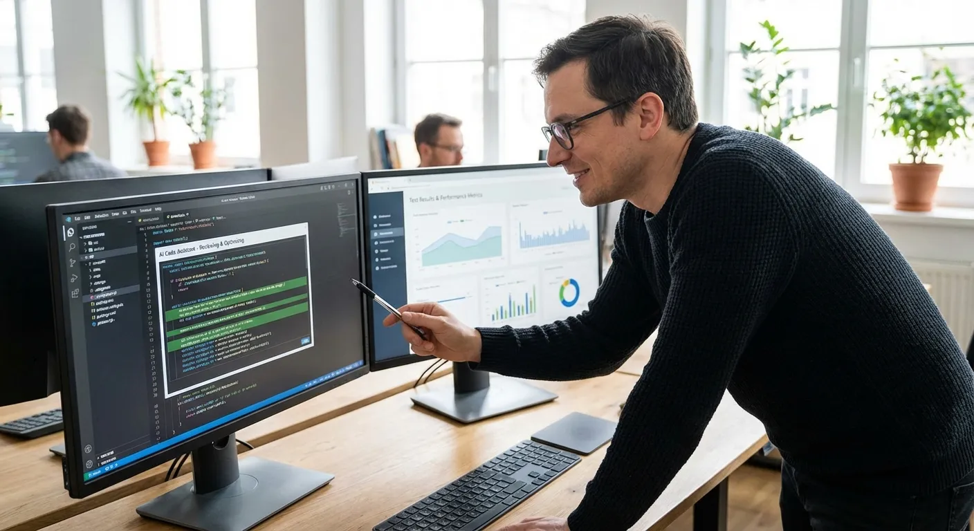 Software engineer collaborating with AI coding assistant on screen