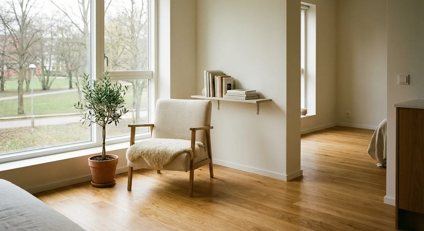 Serene minimalist living space with natural light streaming through large windows onto clean surfaces