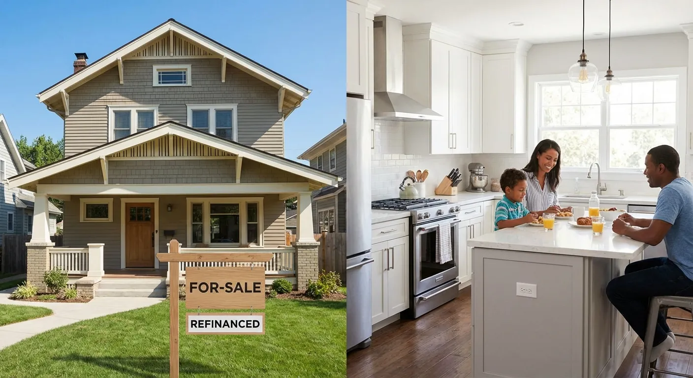 Split view of a house with financial charts showing declining mortgage rate trends