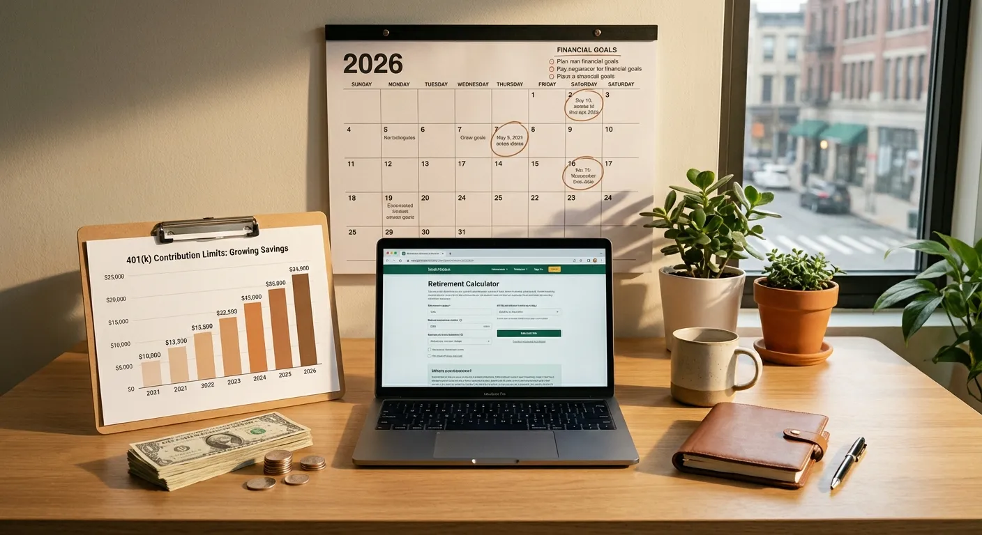 Calendar showing 2026 with retirement savings chart and dollar bills