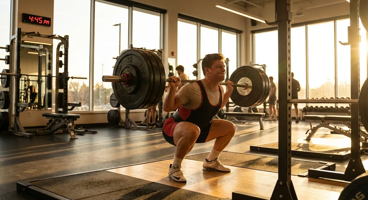 Person performing heavy barbell squat in late afternoon gym with warm lighting