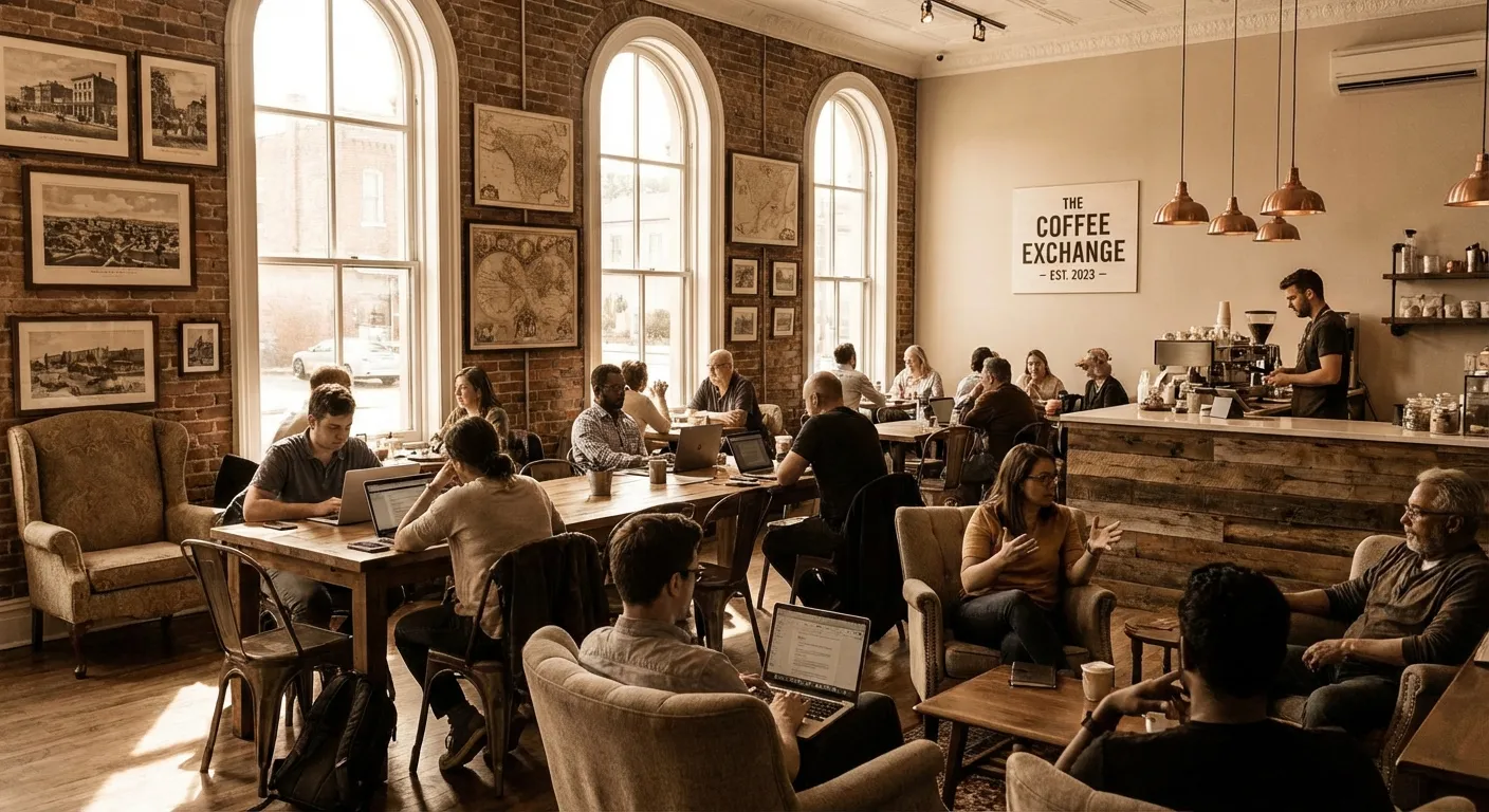 Modern coffee shop with people working on laptops echoing historical coffeehouses