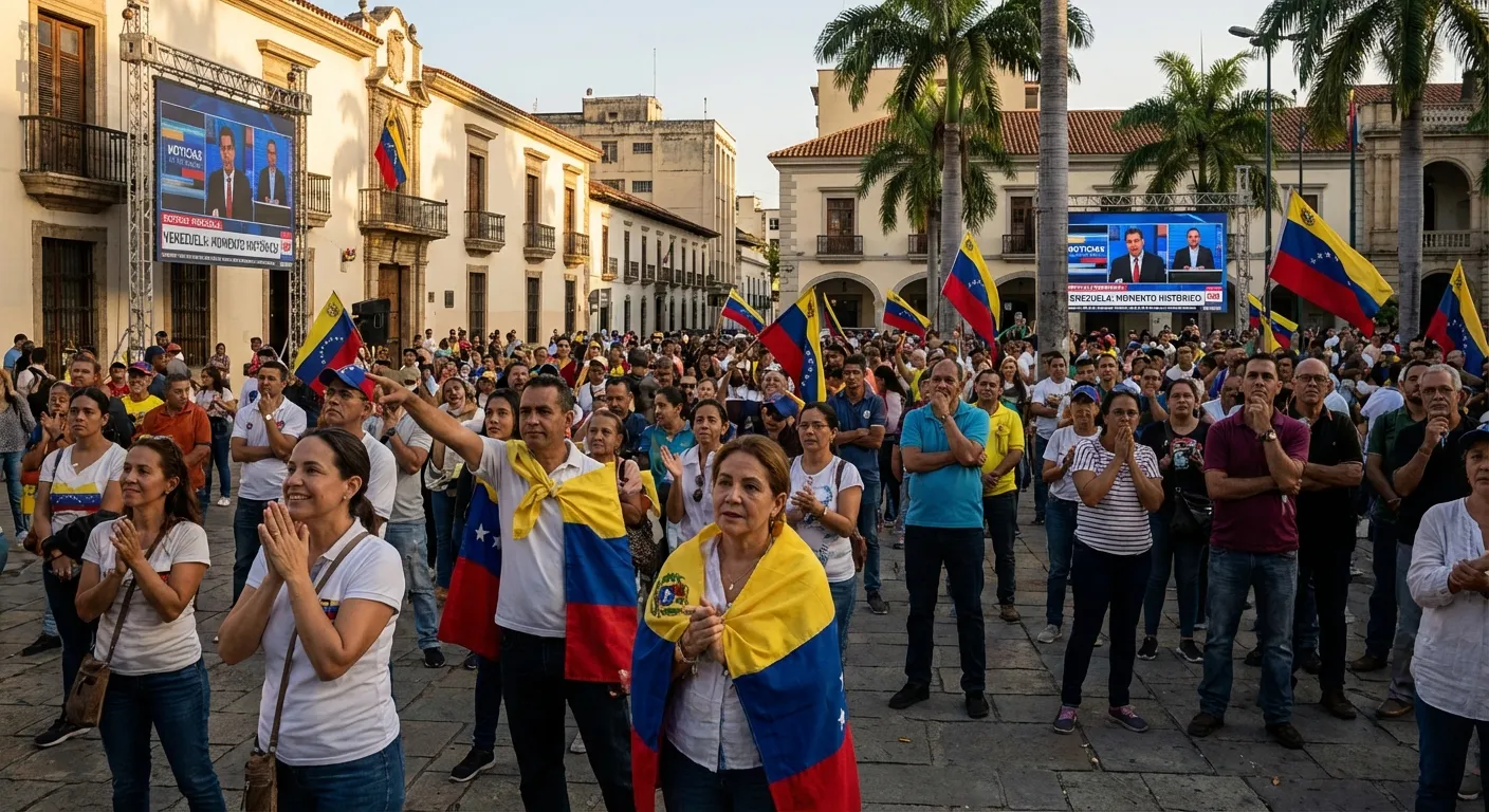 Venezuelan citizens gathered in a plaza watching news coverage on large screens